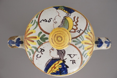 A Dutch Delft polychrome royalist portrait butter tub, 18th C.