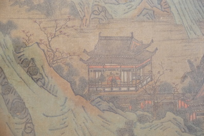 Grand tableau encadr&eacute; &agrave; d&eacute;cor d'un village dans un paysage rocheux, Chine, 18e-19e
