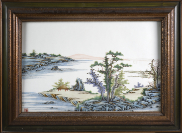 A pair of Chinese porcelain plaques with fine landscape painting, 19th C.