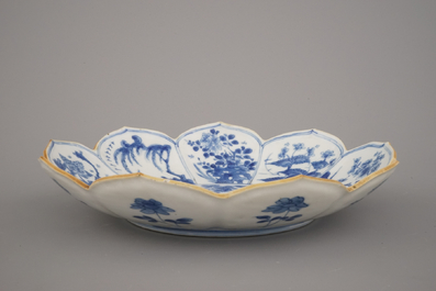 A Chinese porcelain blue and white lotus-shaped plate, Kangxi, ca. 1700