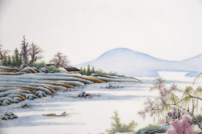 A pair of Chinese porcelain plaques with fine landscape painting, 19th C.