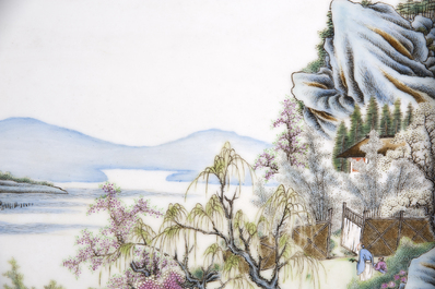 A pair of Chinese porcelain plaques with fine landscape painting, 19th C.