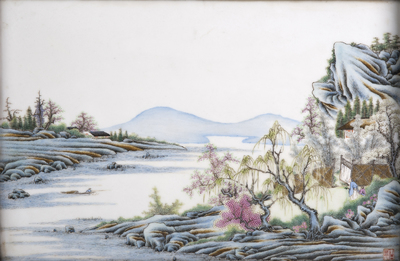 A pair of Chinese porcelain plaques with fine landscape painting, 19th C.