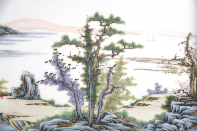 A pair of Chinese porcelain plaques with fine landscape painting, 19th C.