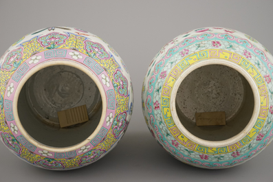 Two Chinese porcelain famille rose jars and covers with scholar's objects, 19th C.