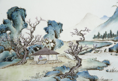 Paire de plaquettes en porcelaine de Chine avec peinture fine d'un paysage, 19e
