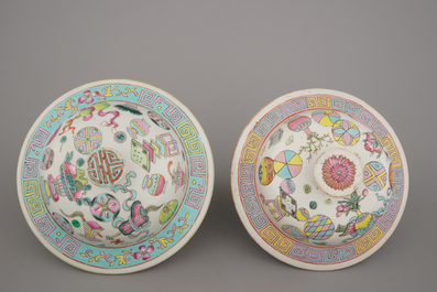 Two Chinese porcelain famille rose jars and covers with scholar's objects, 19th C.