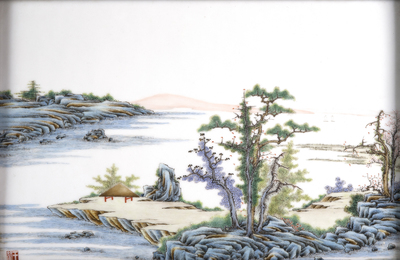 A pair of Chinese porcelain plaques with fine landscape painting, 19th C.