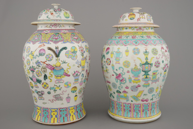 Two Chinese porcelain famille rose jars and covers with scholar's objects, 19th C.