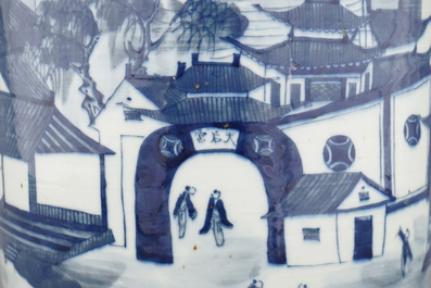 Vase rouleau &agrave; d&eacute;cor de paysage en porcelaine de Chine, bleu et blanc, 19e