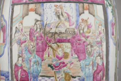 A Chinese porcelain famille rose vase with a palace scene, 19th C.