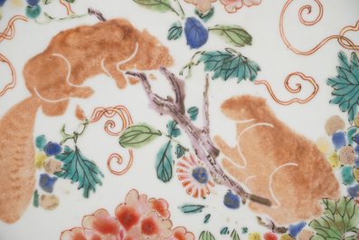 Paire de plats en porcelaine de Chine, &agrave; d&eacute;cor d'&eacute;cureuils, famille rose, 18e