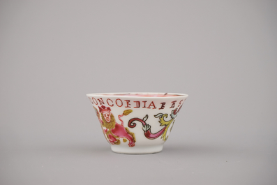 A Chinese porcelain famille rose armorial cup and saucer with VOC coat of arms, dated 1728, Yongzheng