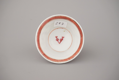 A Chinese porcelain famille rose armorial cup and saucer with VOC coat of arms, dated 1728, Yongzheng