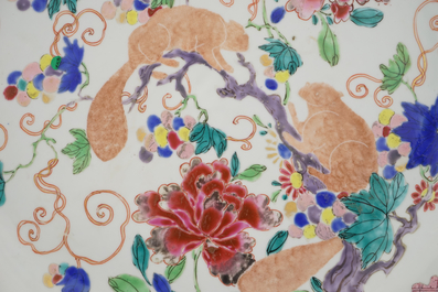 An impressive Chinese porcelain famille rose squirrel dish, 18th C.