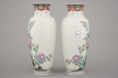 Pair de vases en porcelaine de Chine &agrave; d&eacute;cor de cailles, famille rose, d&eacute;but 20e