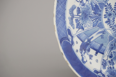 Two Chinese porcelain blue and white plates and three bowls, Kangxi and late Qing dynasty