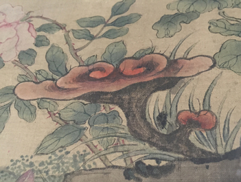 A large Chinese framed scroll painting with birds and flowers, 18th C.