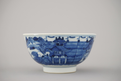 Two Chinese porcelain blue and white plates and three bowls, Kangxi and late Qing dynasty