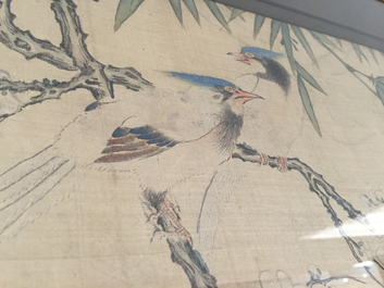 A large Chinese framed scroll painting with birds and flowers, 18th C.