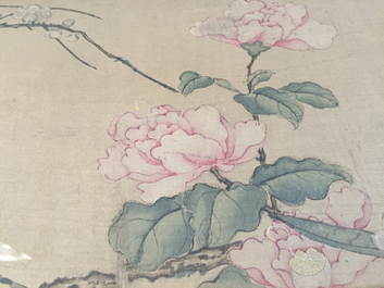 A large Chinese framed scroll painting with birds and flowers, 18th C.