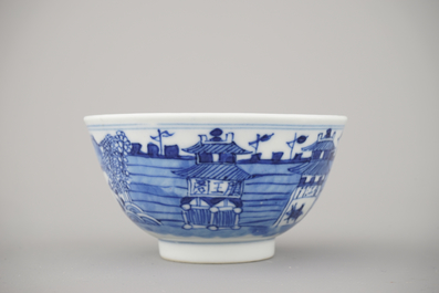 Two Chinese porcelain blue and white plates and three bowls, Kangxi and late Qing dynasty