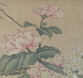 A large Chinese framed scroll painting with birds and flowers, 18th C.