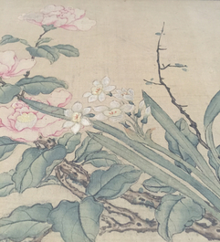 A large Chinese framed scroll painting with birds and flowers, 18th C.