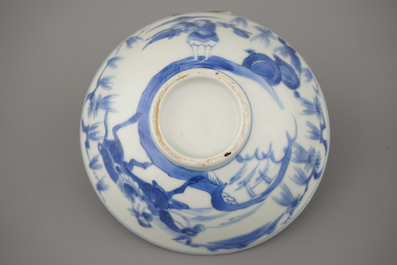 Two Chinese porcelain blue and white plates and three bowls, Kangxi and late Qing dynasty