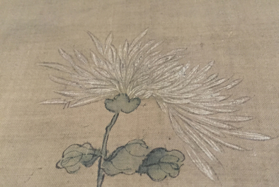 A large Chinese framed scroll painting with birds and flowers, 18th C.