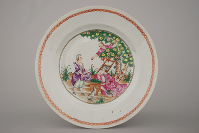 A pair of Chinese export porcelain "Cherry Pickers" plates, Qianlong, 18th C.