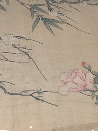 A large Chinese framed scroll painting with birds and flowers, 18th C.