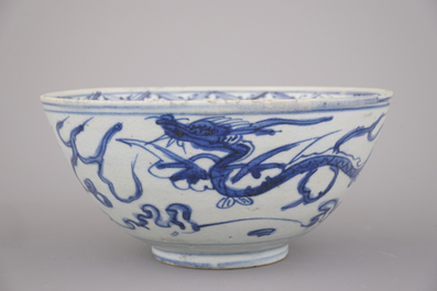 A Chinese porcelain blue and white dragon bowl, Ming dynasty