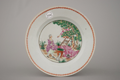 A pair of Chinese export porcelain "Cherry Pickers" plates, Qianlong, 18th C.