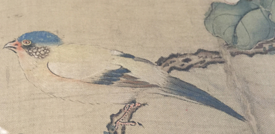 A large Chinese framed scroll painting with birds and flowers, 18th C.