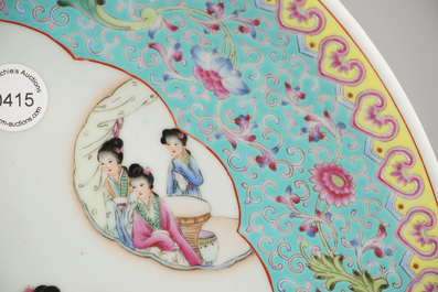 A fine large Chinese porcelain charger with ladies in a garden, 20th C.