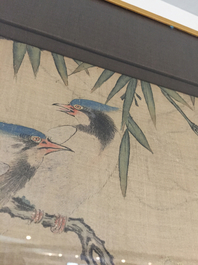 A large Chinese framed scroll painting with birds and flowers, 18th C.