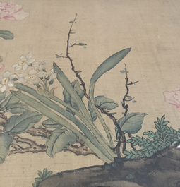 A large Chinese framed scroll painting with birds and flowers, 18th C.