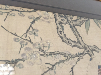 A large Chinese framed scroll painting with birds and flowers, 18th C.