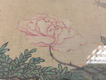 A large Chinese framed scroll painting with birds and flowers, 18th C.