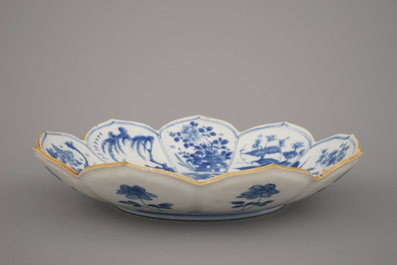 A Chinese porcelain blue and white lotus-shaped plate, Kangxi, ca. 1700