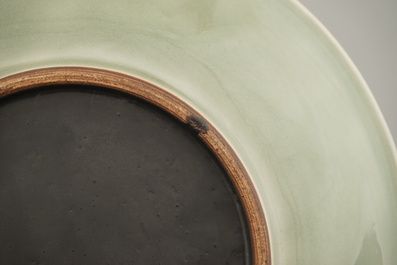 Celadon schotel in Chinees porselein met lotusversiering, 19e eeuw
