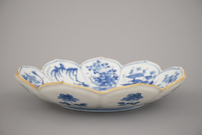 A Chinese porcelain blue and white lotus-shaped plate, Kangxi, ca. 1700