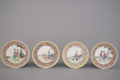 Lot de 4 assiettes chinoises &agrave; d&eacute;cor de dames dans un jardin, famille rose, 20e