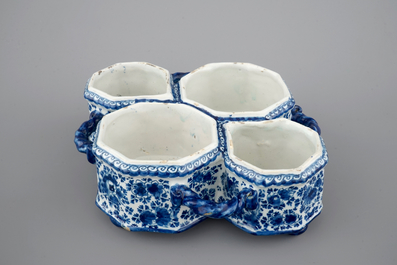 An exceptionally extensive Dutch Delft blue and white cruet set, 18th C.