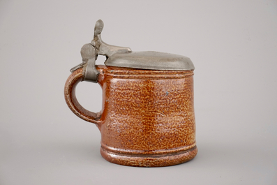 Un petit pichet en gr&egrave;s de Raeren, mont&eacute; d'&eacute;tain, ca. 1600