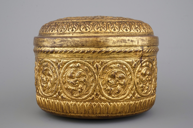 A cylindrical brass box and cover, 16/17th C., probably Nuremberg