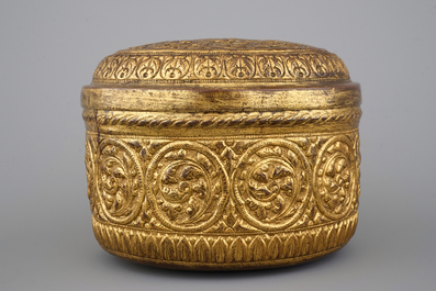 A cylindrical brass box and cover, 16/17th C., probably Nuremberg