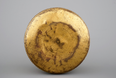 A cylindrical brass box and cover, 16/17th C., probably Nuremberg
