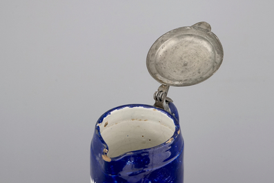 A tall Brussels faience double liter pewter-mounted beer stein, ca. 1800